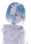  1girl absurdres blue_hair blush cape closed_mouth dress flower from_side hair_flower hair_ornament hand_up hashtag-only_commentary highres hood hood_down hooded_cape looking_at_viewer portrait red_eyes shiranami_ramune shumpi simple_background solo virtual_youtuber vspo! white_background white_cape white_dress white_flower 
