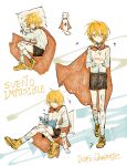  1girl absurdres alternate_costume black_shorts blonde_hair book cape collared_shirt don_quixote_(project_moon) full_body hashtag-only_commentary highres limbus_company pillow project_moon red_cape shirt shoes short_hair shorts simple_background sleeping socks solo white_background white_shirt white_socks yellow_eyes yellow_shoes yk063 