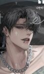  1boy artist_name auauko123 banknote bare_shoulders black_coat black_hair brown_eyes chain chain_necklace coat decorations earrings english_text face_piercing feet_out_of_frame half-closed_eyes hashtag-only_commentary highres jewelry korean_commentary korean_text lip_piercing male_focus money necklace no_shirt original parted_bangs piercing portrait short_hair solo teeth upper_teeth_only watermark watermark_grid 
