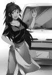  029 1girl :d apron breasts denim foot_out_of_frame greyscale hand_on_own_hip hand_up hataraku_maou-sama! highres jeans kei_truck long_hair medium_breasts monochrome motor_vehicle novel_illustration official_art ooguro_amane_(hataraku_maou-sama!) open_hand open_mouth pants pickup_truck ponytail shirt short_sleeves sidelocks simple_background smile solo standing t-shirt third-party_source truck very_long_hair waist_apron 