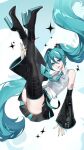  1girl aqua_belt aqua_eyes aqua_hair aqua_nails aqua_necktie arm_tattoo ass_peek belt black_boots black_skirt black_sleeves black_thighhighs boots breasts commentary detached_sleeves earbuds earphones floating floating_hair full_body grey_shirt hair_between_eyes hair_ornament hatsune_miku hatsune_miku_(vocaloid6) heart heart_hair_ornament high_heel_boots high_heels highres long_bangs long_hair long_hair_between_eyes long_sleeves looking_at_viewer midriff_peek miniskirt nail_polish navel necktie number_tattoo open_mouth piano_print pleated_skirt sakichka shirt sidelocks skirt sleeveless sleeveless_shirt small_breasts smile solo striped_clothes striped_shirt tattoo teeth thighhighs tie_clip twintails twitter_username upper_teeth_only variant_set vertical-striped_clothes vertical-striped_shirt very_long_hair vocaloid wide_sleeves wireless_earphones zettai_ryouiki zipper_footwear 