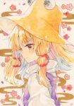  1girl blonde_hair blush brown_hat closed_mouth commentary flower hair_ribbon hat highres long_hair long_sleeves looking_at_viewer moriya_suwako pink_flower purple_vest red_ribbon ribbon smile solo touhou traditional_media tress_ribbon twitter_username vest watermark yellow_eyes yuiki_(cube) 