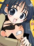  1girl :d arms_around_neck artist_request black_hair blush clenched_teeth harima_kenji hug hug_from_behind long_hair lowres oekaki open_mouth school_rumble short_twintails smile sunglasses teeth tsukamoto_tenma twintails 