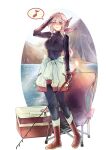  1girl boots breasts camping_chair chair clothes_around_waist commentary_request cooler fishing_rod folding_chair goddess_of_victory:_nikke grey_hair hair_between_eyes highres holding holding_fishing_rod jacket jacket_around_waist large_breasts long_hair long_sleeves musical_note scarlet_(nikke) smile solo spoken_musical_note woozoo yellow_eyes 
