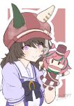  1girl animal_ears blush bow bowtie breasts brown_hair closed_mouth ear_covers ears_through_headwear hair_between_eyes hand_puppet hashtag-only_commentary hat highres horse_ears horse_girl looking_at_viewer marche_lorraine_(umamusume) mismatched_ear_covers puffy_short_sleeves puffy_sleeves puppet purple_bow purple_bowtie purple_eyes purple_shirt sailor_collar sailor_shirt school_uniform shirt short_hair short_sleeves smile solo tracen_school_uniform udon_(zenbunose) umamusume upper_body white_sailor_collar 