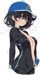  1girl black_bodysuit black_eyes black_hair black_wetsuit blue_gloves blue_hat blush bodysuit breasts center_opening commentary female_protagonist_(pokemon_ww) fingerless_gloves gloves grey_eyes hat highres long_sleeves looking_at_viewer medium_breasts mel_(melty_pot) navel open_bodysuit open_clothes parted_lips partially_unzipped pokemon pokemon_ww short_hair simple_background solo stomach sweat unzipped wet wet_clothes wet_hair white_background zipper 