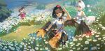 3girls animal_ears bad_id bad_twitter_id bag bird_wings black_bow black_bowtie black_skirt bow bowtie brown_bag brown_hair brown_wings camera checkered_clothes checkered_skirt closed_mouth collared_shirt commentary detached_sleeves field flower flower_field frilled_sleeves frills grey_hair hat hauchiwa highres himekaidou_hatate holding inubashiri_momiji leaf_print long_hair looking_at_viewer maple_leaf_print multicolored_shirt multicolored_skirt multiple_girls outdoors pointy_ears pom_pom_(clothes) print_shirt print_skirt puffy_short_sleeves puffy_sleeves purple_hat qianeyejiaorouji red_eyes red_hat ribbon-trimmed_sleeves ribbon_trim shameimaru_aya shirt short_hair short_sleeves shoulder_bag skirt smile tengu_family_of_gensokyo_(touhou) thighhighs tokin_hat touhou twintails white_flower white_shirt wings wolf_ears wolf_girl 