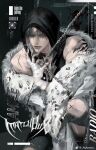  1boy artist_name auauko123 bandaged_hand bandages bare_shoulders black_hood black_pants blood blood_on_wall chain claw_ring coat collar dark_background decorations english_text face_piercing feet_out_of_frame fur-trimmed_coat fur_coat fur_collar fur_trim grey_hair half-closed_eyes hashtag-only_commentary highres hood jewelry korean_commentary korean_text lip_piercing male_focus mixed-language_text original pants piercing ring scar short_hair sitting sleeveless tattoo torn_clothes torn_pants watermark watermark_grid white_fur 