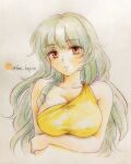  1girl arm_under_breasts bare_shoulders blush breasts cleavage collarbone commentary_request dress grey_background grey_hair highres large_breasts long_hair one-hour_drawing_challenge parted_lips q-bee_(aaru) red_eyes sakata_nemuno single_strap solo touhou traditional_media twitter_username upper_body yellow_dress 
