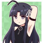  1girl :3 ahoge arm_behind_head arm_up armpit_focus armpits awa_subaru bare_shoulders black_armlet black_hair black_shirt blunt_bangs border bright_pupils closed_mouth commentary_request girls_band_cry gorumosu green_background hair_ribbon highres huge_ahoge light_blush long_hair long_sidelocks looking_at_viewer outside_border parted_bangs presenting_armpit purple_eyes ribbon shirt sidelocks sleeveless sleeveless_shirt solo upper_body white_border white_pupils white_ribbon zipper 
