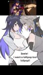  2girls anger_vein black_hair blue_eyes blue_hair bronya_rand collared_shirt commentary earrings english_text grey_eyes grey_hair highres honkai:_star_rail honkai_(series) jewelry layered_shirt long_hair mie_xing multiple_girls open_clothes open_shirt screenshot_inset seele_(honkai:_star_rail) shirt untranslatable_commentary 