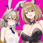  2girls :d alternate_costume animal_ear_fluff animal_ears arknights bare_shoulders black_bow black_bowtie black_leotard blonde_hair blush bow bowtie breast_envy breasts cleavage closed_mouth commentary detached_collar dr.lamina dragon_girl dragon_horns fake_animal_ears fang grey_eyes grey_hair hair_between_eyes hair_ornament highres horns large_breasts leotard long_hair looking_at_viewer multicolored_hair multiple_girls necktie open_mouth pink_background pink_eyes playboy_bunny purple_hair purple_necktie short_hair short_necktie shu_(arknights) simple_background skin_fang small_breasts smile sweat traditional_bowtie untranslatable_commentary upper_body utage_(arknights) white_leotard x_hair_ornament 