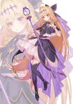  1girl absurdres black_dress black_thighhighs blonde_hair bow cure_arcana_shadow dress full_body hair_bow hashtag-only_commentary high_heels highres holding holding_staff long_hair looking_at_viewer meitantei_precure! moria_luluka precure red_eyes shuilantao simple_background solo staff standing tear_arcana_rod thighhighs white_background 