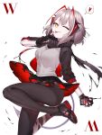  1girl ;p antenna_hair arknights black_gloves black_jacket black_pantyhose black_shoes black_skirt breasts character_name closed_mouth commentary detonator finger_to_cheek fingerless_gloves fingernails gloves grey_hair grey_shirt grey_tail heart highres holding holding_detonator jacket looking_at_viewer medium_breasts miniskirt multicolored_hair one_eye_closed open_clothes open_jacket pantyhose red_hair red_jacket red_skirt scar scar_on_arm shirt shoes short_hair siguya simple_background skirt smile solo spoken_heart streaked_hair tail tongue tongue_out two-sided_fabric two-sided_jacket two-sided_skirt unzipped w_(arknights) white_background yellow_eyes zipper 