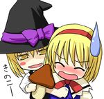  alice_margatroid blonde_hair blush blush_stickers bow capelet chibi closed_eyes hairband hat hat_bow holding kazami_ruku kirisame_marisa long_sleeves lowres multiple_girls mushroom open_mouth sweatdrop touhou translated witch_hat yellow_eyes 