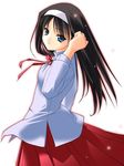  adjusting_hair black_hair blue_eyes bow flat_chest hairband long_hair long_skirt long_sleeves looking_at_viewer red_skirt ribbon rokuwata_tomoe simple_background skirt solo sparkle toono_akiha tsukihime white_background white_hairband 