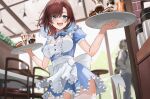  1girl 1other apron ayul_(ayulneri_92) blue_eyes blue_hair blurry blurry_background breasts brown_hair character_request commentary_request commission earrings food highres holding holding_tray ice_cream jewelry light_blush looking_at_viewer maid medium_breasts multicolored_hair official_art open_mouth panties runaway_home:_mili_and_chocolate solo_focus sundae thighhighs tray two-tone_hair underwear waist_apron white_panties white_thighhighs 