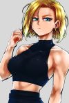  1girl alternate_costume android_18 arm_at_side arm_up bare_arms bare_shoulders belly black_tank_top blonde_hair blue_eyes breasts dragon_ball dragonball_z earrings expressionless eyelashes grey_background hand_in_hair jewelry looking_away shaded_face short_hair sideboob simple_background solo st62svnexilf2p9 tank_top upper_body 