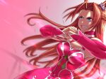  1girl animal_ears bare_shoulders blue_eyes braid breasts brown_hair cleavage commentary_request cracking_knuckles curtained_hair detached_sleeves dress eye_trail fang half_up_half_down_braid horse_ears horse_girl horse_tail kawakami_princess_(princess_of_pink)_(umamusume) kawakami_princess_(umamusume) large_breasts light_trail long_hair open_mouth peeta pink_dress pink_sleeves sleeveless sleeveless_dress smile solo tail teeth textless_version umamusume 