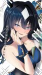  1girl absurdres animal_ears asymmetrical_clothes black_hair blue_eyes breasts bright_pupils cleavage commentary_request ear_covers fingernails hair_between_eyes hand_on_own_cheek hand_on_own_face highres horse_ears horse_girl kirameki_(rikukaikuu) long_hair looking_at_viewer medium_breasts mole mole_under_eye open_mouth simple_background single_ear_cover smile solo sparkle sparkling_aura translation_request umamusume verxina_(le_beau_sommet)_(umamusume) verxina_(umamusume) white_background wrist_wrap 