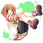  :d bike_shorts blue_eyes coral-squer fang hair_ornament long_sleeves lowres open_mouth orange_hair short_hair smile solo striped suigetsu yamato_suzuran 