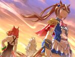  3girls animal_ears ascot asymmetrical_gloves biwa_hayahide_(umamusume) black_dress blue_eyes brown_hair buttons cape closed_mouth cloud commentary_request double-breasted dress ear_covers ear_ribbon epaulettes gloves grey_hair hair_between_eyes high_ponytail horse_ears horse_girl horse_tail jacket juliet_sleeves long_hair long_sleeves medium_hair mismatched_gloves multicolored_hair multicolored_jacket multiple_girls nice_nature_(poinsettia_ribbon)_(umamusume) nice_nature_(umamusume) peeta pink_ascot ponytail puffy_sleeves red_cape single_epaulette skirt sky streaked_hair sunset tail textless_version tokai_teio_(peak_joy)_(umamusume) tokai_teio_(umamusume) twintails two-tone_hair two-tone_jacket two-tone_skirt umamusume white_gloves white_hair white_jacket white_skirt 