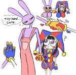  1boy 1girl ? animal_ears asymmetrical_gloves blue_eyes blue_gloves blue_hat blush colored_skin daisy_bell english_text feet_out_of_frame gloves hand_on_another's_hand hashtag-only_commentary hat head_tilt heart highres holding_hands interlocked_fingers jax_(the_amazing_digital_circus) jester_cap jester_costume looking_at_another looking_to_the_side looking_up multicolored_eyes multiple_views pomni_(the_amazing_digital_circus) puffy_short_sleeves puffy_sleeves purple_skin rabbit_boy rabbit_ears red_eyes red_gloves red_hat red_suspenders sakuramochi_s2 short_sleeves simple_background speech_bubble the_amazing_digital_circus thought_bubble two-tone_eyes two-tone_hat white_background yellow_eyes yellow_gloves 