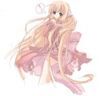  artist_request blonde_hair brown_eyes chii chobits dress hair_tubes hand_on_own_chest long_hair robot_ears simple_background solo source_request speech_bubble translated very_long_hair white_background 