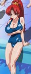  blush breast_hold breasts eiken huge_breasts one-piece_swimsuit ponytail red_eyes red_hair school_swimsuit screencap shinonome_chiharu solo swimsuit 