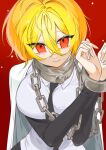  1girl black_necktie black_skirt blonde_hair breasts cape chain chained chained_wrists collar cuffs don_quixote_(project_moon) gloves handcuffs hashtag-only_commentary highres index_(identity)_(project_moon) large_breasts limbus_company looking_at_viewer necktie project_moon shirt short_hair skirt solo white_cape white_shirt yellow_eyes 
