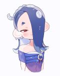  1girl blue_hair blue_shawl cephalopod_eyes chest_sarashi closed_mouth collarbone commentary_request earrings eyelashes hair_over_one_eye hairband highres jewelry koyubisss long_hair looking_at_viewer multiple_earrings navel octoling red_eyes red_pupils sarashi shawl shiver_(deep_cut_outfit)_(splatoon) shiver_(splatoon) short_eyebrows simple_background smile solo splatoon_(series) splatoon_3 tentacle_hair thick_eyebrows tooth_earrings upper_body white_background white_hairband 
