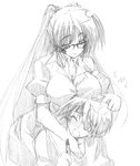 1boy 1girl bad_id bad_source blush breast_rest breasts breasts_on_head glasses greyscale holding kouno_takaaki kousaka_tamaki large_breasts long_hair mechanical_pencil monochrome one_eye_closed open_mouth pencil sketch smile source_request tears to_heart_2 traditional_media very_long_hair 