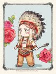  1boy aged_down alternate_costume aqua_eyes arrow_(projectile) bare_shoulders blonde_hair brown_pants child commentary_request flower fringe_trim headdress highres holding holding_arrow long_hair looking_to_the_side male_focus multicolored_eyes native_american native_american_clothes native_american_headdress navel niko20223 pants red_flower red_rose rose sanzu_haruchiyo scar scar_on_face scar_on_mouth straight_hair tokyo_revengers two-tone_eyes warbonnet yellow_eyes 