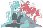  2girls :3 :d =_= ahoge animal_ears antenna_hair aqua_eyes aqua_hair aqua_necktie bare_shoulders black_sleeves blush_stickers bright_pupils cat_ears cat_girl cat_tail collared_shirt detached_sleeves drill_hair furrification furry furry_female grey_shirt hair_between_eyes hair_ornament hashtag-only_commentary hatsune_miku hug hug_from_behind ibispaint_(medium) jaggy_lines kasane_teto kasane_teto_(utau) long_hair long_sleeves multiple_girls necktie number_tattoo one_eye_closed open_mouth red_hair shirt simple_background single_blush_sticker sitting skirt sleeveless sleeveless_shirt sleeves_past_fingers sleeves_past_wrists smile tail tail_wagging tarashi_(fugguard) tattoo thighhighs twin_drills twintails utau very_long_hair vocaloid wariza white_background white_pupils 