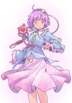  1girl ahoge blue_shirt buttons commentary_request dated feet_out_of_frame frilled_shirt_collar frills hair_ornament hashtag-only_commentary headband heart heart_button heart_hair_ornament jitome komeiji_satori light_blush long_sleeves pink_background pink_hair pink_skirt purple_headband rangycrow red_eyes satori_day shirt short_hair skirt smile solo split_mouth third_eye touhou |_| 