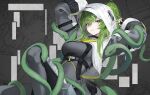  1girl absurdres arknights arknights:_endfield arms_up black_bodysuit bodysuit breasts buckle chest_harness chinese_commentary commentary_request elevation_contour_lines fingerless_gloves fluorite_(arknights) gloves green_eyes green_hair hair_between_eyes hair_through_hood harness highres hood hood_up hooded_shrug long_hair mark_jin medium_breasts parted_lips pointy_ears ponytail reptile_girl shrug_(clothing) signature snake snake_girl snake_tail snake_wrapped_around_body solo tail white_shrug 