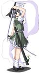  bloomers blue_eyes dual_wielding flower frills from_behind frown full_body ghost hitodama holding katana kneepits konpaku_youmu konpaku_youmu_(ghost) looking_back mary_janes no_nose oekaki shadow sheath shoes short_hair silver_hair skirt skirt_lift socks solo standing sword touhou tyokan underwear vest weapon white_bloomers 