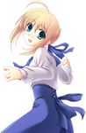  :d ahoge artoria_pendragon_(all) bad_id bad_source blonde_hair blouse braid eyebrows_visible_through_hair fate/stay_night fate_(series) french_braid green_eyes hair_between_eyes happy kusata_murasaki long_sleeves looking_at_viewer open_mouth saber simple_background smile solo source_request white_background 