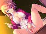  1girl aniyome_dakara bb blue_eyes blush bottomless breasts censored classroom cleavage demonstration dutch_angle game_cg indoors large_breasts looking_at_viewer machiru mosaic_censoring open_clothes open_shirt purple_eyes pussy sex_ed shirai_urara shirt smile solo source_request spread_legs spread_pussy teacher 