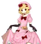  1girl absurdres beret black_gloves blonde_hair bow clothes_lift dress dress_lift elbow_gloves frilled_dress frills gloves hashtag-only_commentary hat highres kaminai404 lambdadelta looking_at_viewer pink_dress pink_hat puffy_short_sleeves puffy_sleeves red_bow red_eyes short_hair short_sleeves simple_background smile solo standing umineko_no_naku_koro_ni white_background 