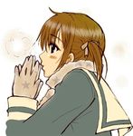  artist_request blowing_on_hands blush_stickers breath brown_hair fukuzawa_yumi gloves long_sleeves lowres maria-sama_ga_miteru scarf solo star 