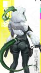  1girl absurdres arknights arknights:_endfield ass black_bodysuit bodysuit chinese_commentary commentary_request elevation_contour_lines fluorite_(arknights) from_behind green_hair green_tail gun hair_through_hood handgun highres holding holding_gun holding_weapon holster hood hood_up hooded_shrug lizard_tail reptile_girl shen_yu233 shrug_(clothing) snake_girl snake_tail solo tail trigger_discipline weapon white_background white_shrug 