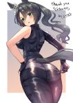  1girl animal_ears ass asymmetrical_clothes black_bodysuit black_gloves black_hair blush bodysuit breasts commentary_request commission ear_through_crown fingerless_gloves from_behind gloves green_eyes hand_on_own_hip highres horse_ears horse_girl horse_tail long_hair looking_at_viewer looking_back open_mouth satono_crown_(umamusume) side_ponytail single_bare_shoulder single_fingerless_glove skeb_commission solo tail tail_through_clothes umamusume yuutopia 