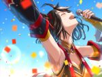  1girl ahoge animal_ears armpits bare_shoulders black_gem black_hair blue_sky blush breasts chanchanko_(clothes) cleavage cleavage_cutout clothing_cutout commentary_request confetti detached_sleeves gem hair_between_eyes holding holding_microphone horse_ears horse_girl kitasan_black_(gilded_shrine_to_glory)_(umamusume) kitasan_black_(umamusume) kouhaku_nawa medium_breasts microphone multicolored_hair open_mouth outdoors peeta rope shimenawa short_hair sky solo streaked_hair sweat teeth textless_version umamusume upper_body upper_teeth_only white_hair 