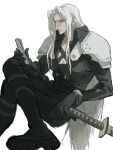  1boy armor black_boots black_coat black_gloves black_pants boots chest_strap coat commentary final_fantasy final_fantasy_vii foot_out_of_frame gloves green_eyes grey_hair highres holding holding_phone holding_sword holding_weapon katana long_hair long_sleeves looking_at_phone male_focus pants parted_bangs phone sephiroth shoulder_armor sitting solo soten_sq sword weapon white_background 