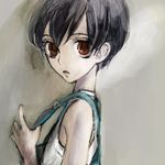  artist_request black_hair brown_eyes fujioka_haruhi lowres ouran_high_school_host_club overalls short_hair solo 