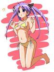  1girl artist_request barefoot bikini blush breasts full_body hiiragi_kagami kneeling long_hair lucky_star medium_breasts open_mouth purple_eyes purple_hair side-tie_bikini solo source_request swimsuit untied untied_bikini yellow_bikini 