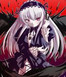  dress feathers gradient gradient_background headdress long_hair long_sleeves pale_skin pink_eyes rozen_maiden shinshin silver_hair solo suigintou wings 