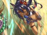  2girls animal_ears aura bandeau black_hair blue_bandeau breasts brown_hair clenched_teeth collarbone commentary_request dark-skinned_female dark_skin ear_ornament ear_scrunchie fang gloves hair_between_eyes hair_ornament hairclip hishi_amazon_(azure_amazon)_(umamusume) hishi_amazon_(umamusume) horse_ears horse_girl horse_tail long_hair medium_breasts midriff motion_blur multiple_girls navel open_mouth peeta red_eyes red_scrunchie running scrunchie shoes skirt solo_focus striped_clothes striped_scrunchie sweat tail teeth textless_version thigh_strap two-tone_bandeau two-tone_shirt two-tone_skirt umamusume very_long_hair white_bandeau white_skirt 