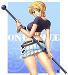  1girl back belt bracelet breasts compass_rose copyright_name enies_lobby female hips jewelry log_pose nami nami_(one_piece) one_piece orange_hair pleated_skirt skirt smile solo staff weapon wide_hips 